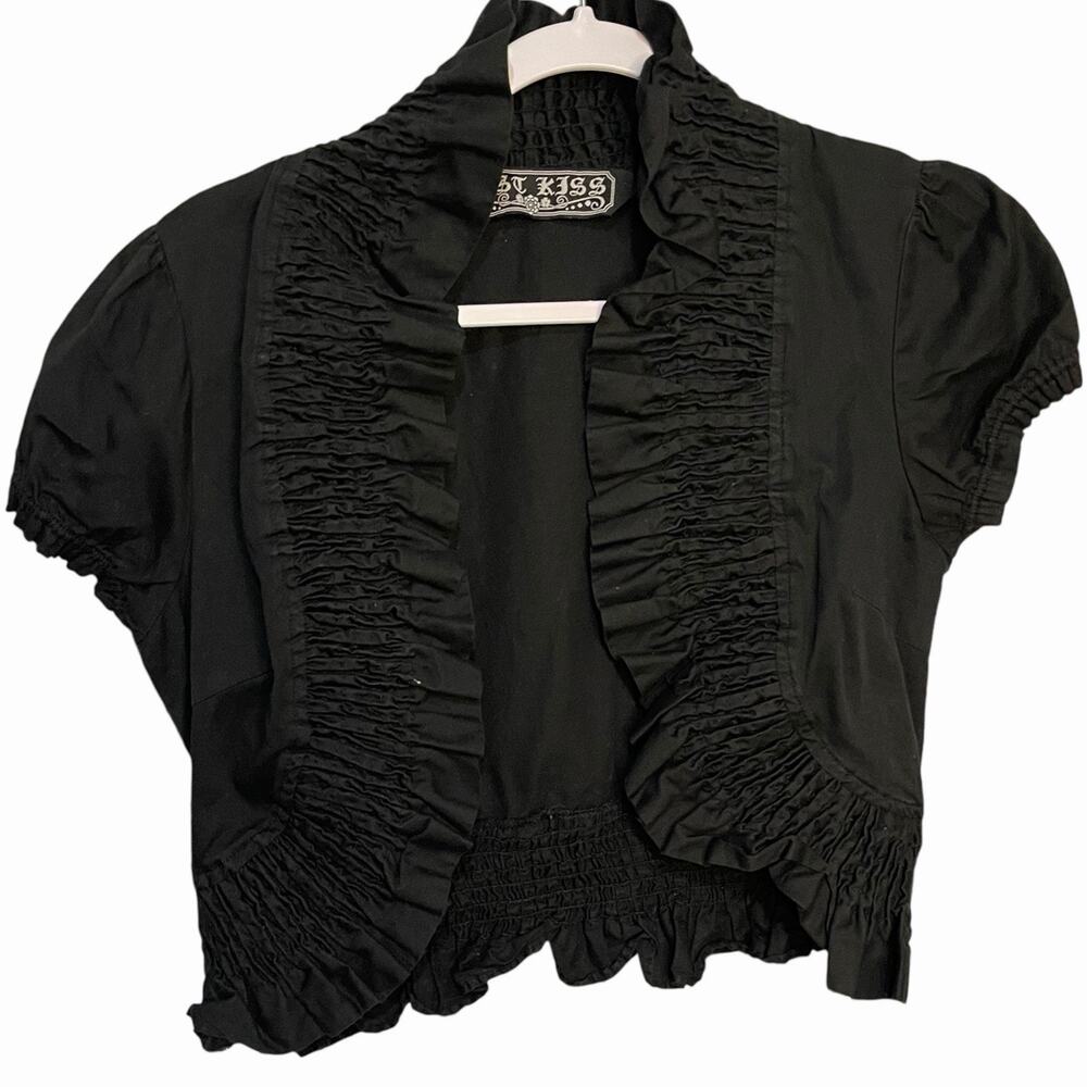 Last Kiss Shrug Bolero Cropped Jacket Women's Large Black Scrunched Y2K Retro